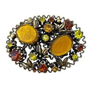 Vintage Brooch Signed Made in Austria Costume Jewelry Orange Gold Rhinestone